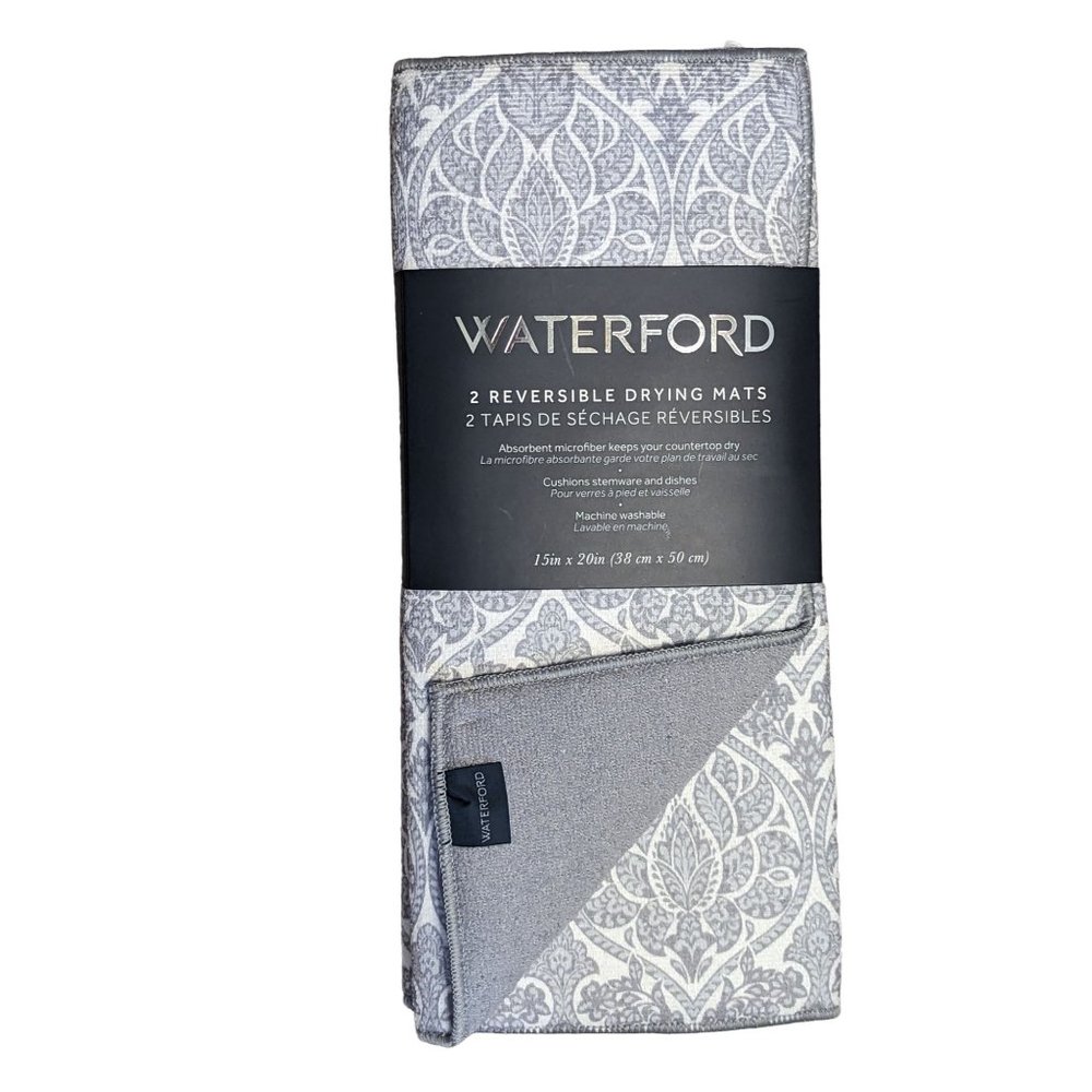 Waterford Baroque Style Gray White Dish Drying Mats 2-Pc Polyester 15 x 20-inch